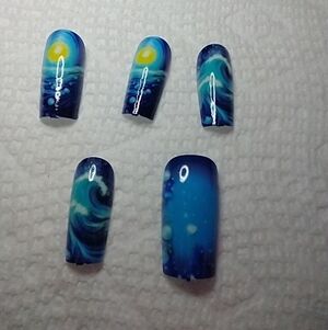 Press on nails sun wave ocean yellow blue art nail set